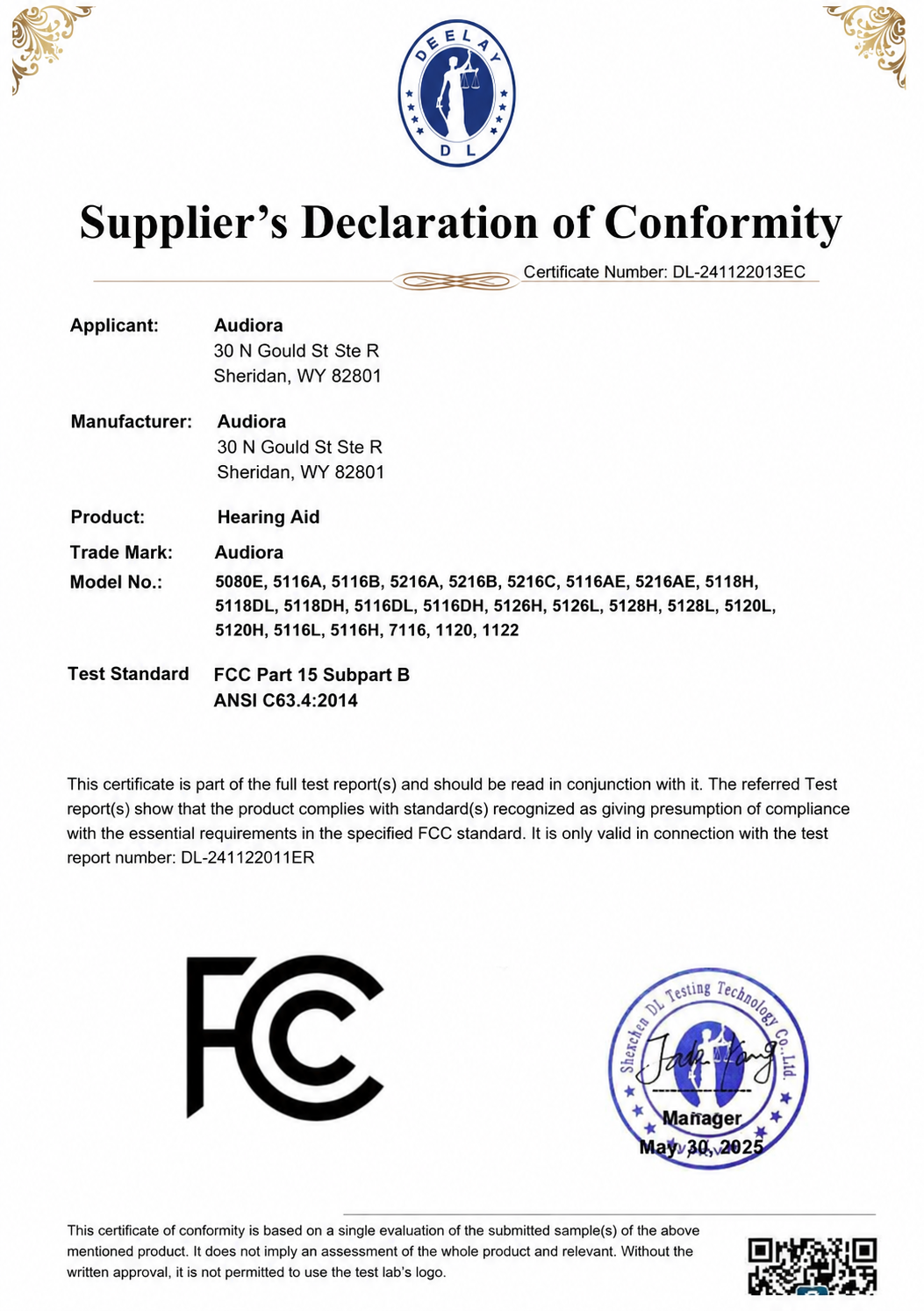 Certificado de conformidad FDA de Audiora